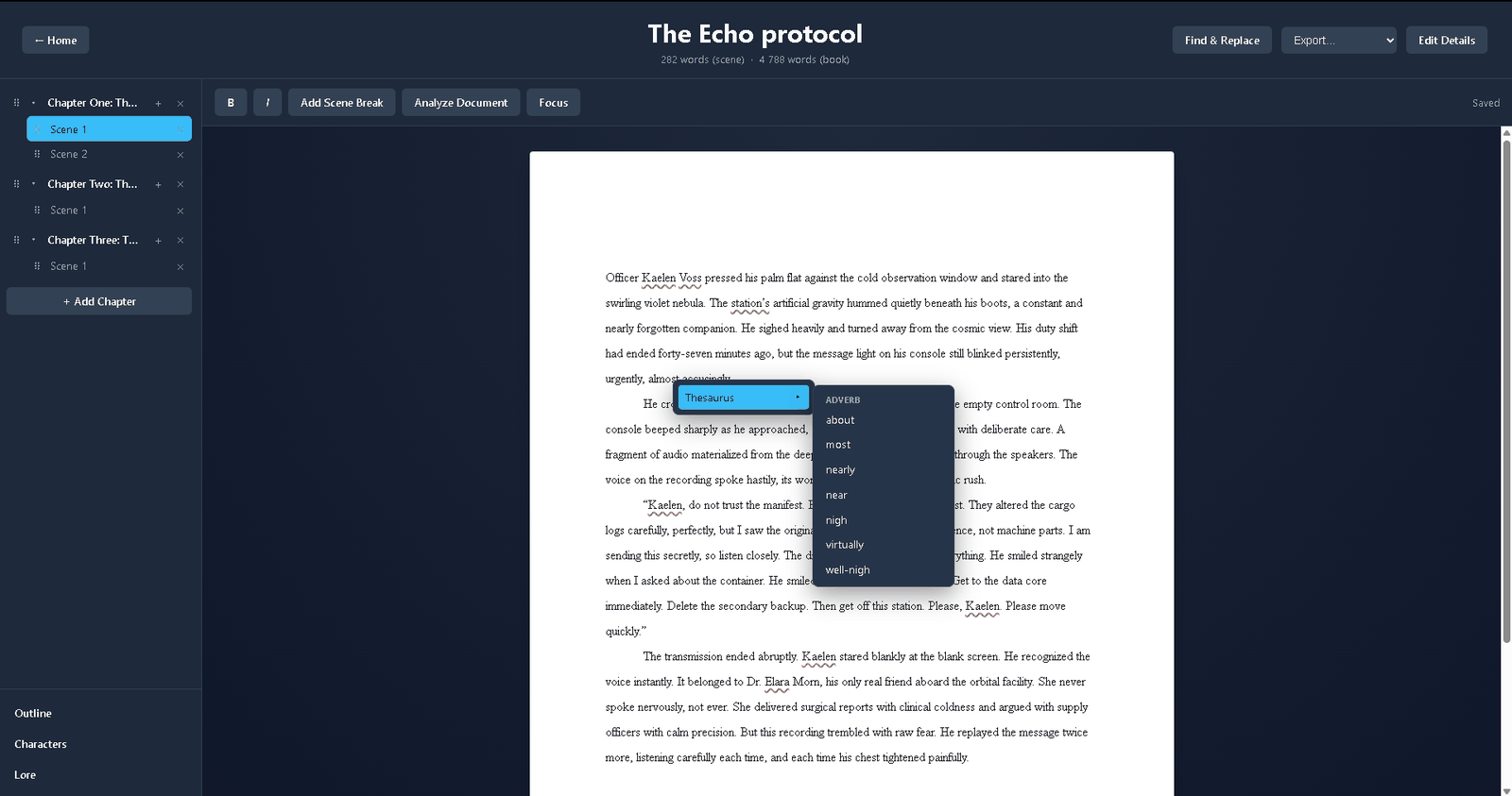 Quillen right-click thesaurus menu showing adverb synonyms